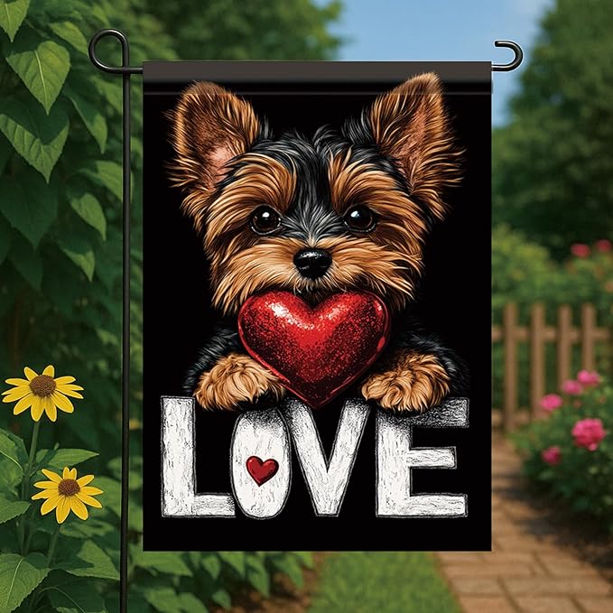 Cute Kasha Dog Garden Flag Holding Red Heart Love Sign Double Sided Yard Banner 12x18 Inch Romantic Outdoor Decoration for Lawn Patio Dog Lover Gift Valentine Anniversary Seasonal Flag
