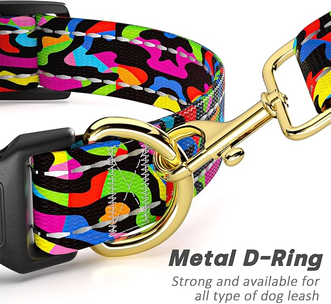 Reflective Dog Collar for Large Dogs, Cute Boho Adjustable Heavy-Duty Nylon Puppy Collar for Boy and Girl Female, Soft Pet Accessories with Quick Release Buckle, Abstract Rainbow Art