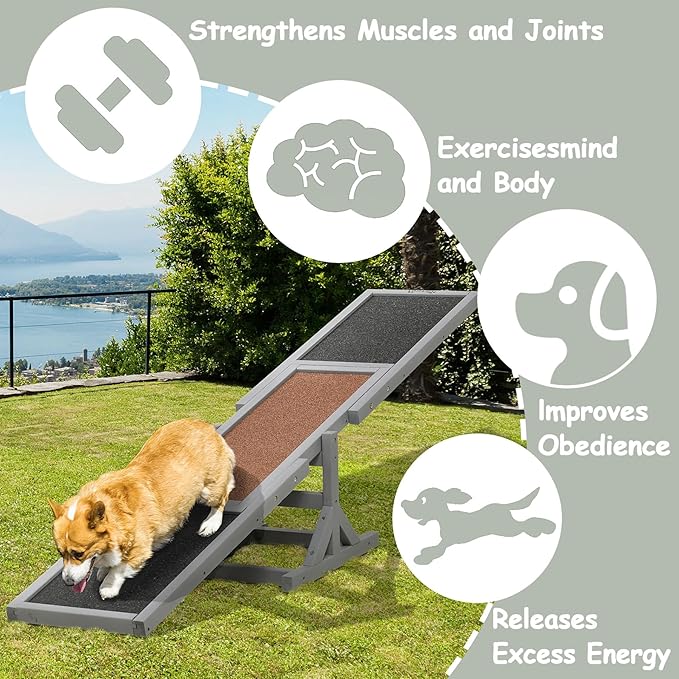 71" Dog Agility Seesaw Outdoor for Training and Exercise, Wooden Platform Dog Agility Training Equipment - Dog Obstacle Course Backyard Run Game Toy (Gray)