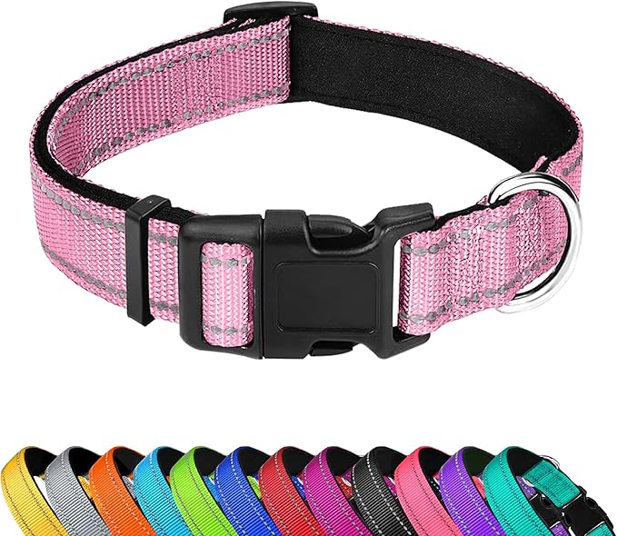 Reflective Dog Collar, Adjustable Soft Neoprene Padded Nylon Pet Collars with Buckle for Large Dogs, Light Pink,L