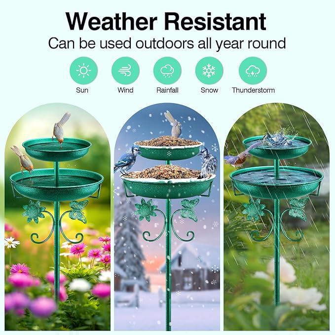 Daoeny Bird Bath for Outside, 42In Vintage Freestanding Birdbaths for Outdoors, Double Metal Bird Bath Feeder Bowls for Garden Patio Yard Lawn Decor, Upgraded 5-Pronged Base (Green)