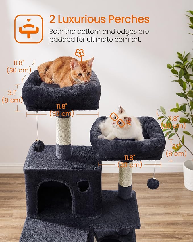 Feandrea Cat Tree, 66.1-Inch Large Cat Tower, Multi-Level Plush Condo with 13 Scratching Posts, 2 Perches, 2 Caves, Basket, Hammock, Pompoms, Smoky Gray UPCT165G01
