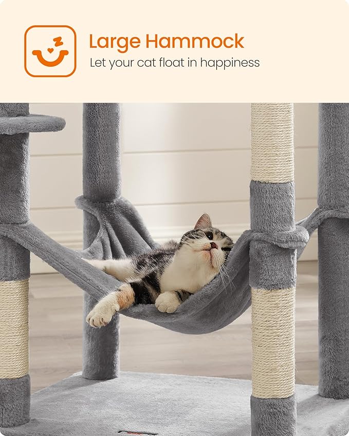 Feandrea Cat Tree, 73.2-Inch Tall Cat Tower, Plush Multi-Level Condo with 5 Scratching Posts, 2 Perches, 2 Caves, Hammock, 2 Pompoms, Light Gray UPCT191W01