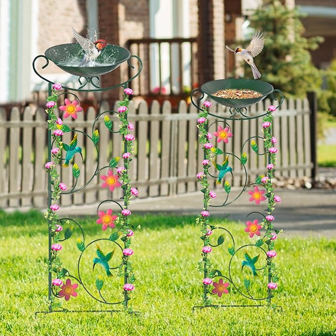 HONGLAND Metal Bird Bath with Trellis, 35" Outdoor Garden Birdbath with Detachable Bowl & Climbing Plant Support, Decorative Bird Feeder Station with Hummingbird for Yard, Patio, Fence