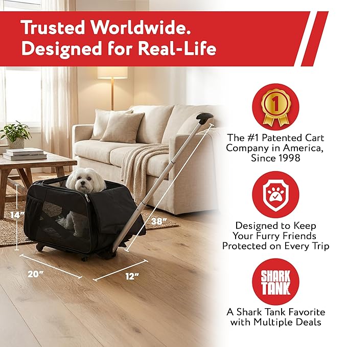 dbest products Rolling Pet Carrier with Wheels Airline Approved - TSA Dog Cat Carrier for Airplane Travel - Wheeled Pet Carrier 18x12x20 for Pets up to 24lbs - Collapsible Travel Bag