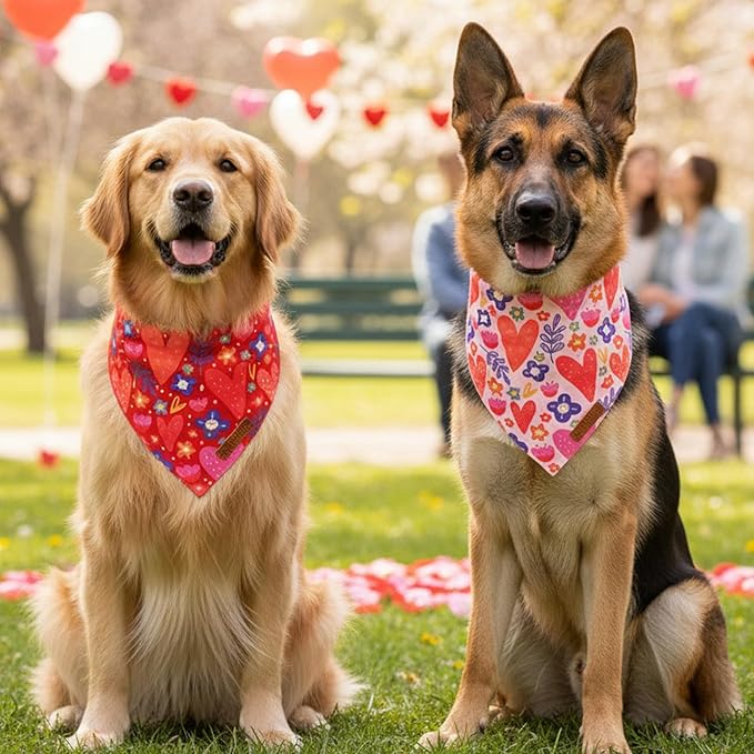 ADOGGYGO Valentines Dog Bandana 2 Pack, Heart and Floral Print Pet Scarf Bib, Adjustable Fit Red Pink Valentines Bandanas for Extra Large Dogs (X-Large)
