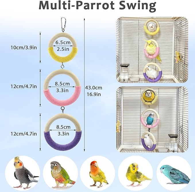 3-Ring Bird Swing Toy, Wrapped with Cotton Rope for Parrots Soft Grip, Thick Wood Parakeet Swing Perch for Cage, Hanging Climbing Bird Toys for 2-3 Parrots Budgies, Lovebirds, Cockatiels