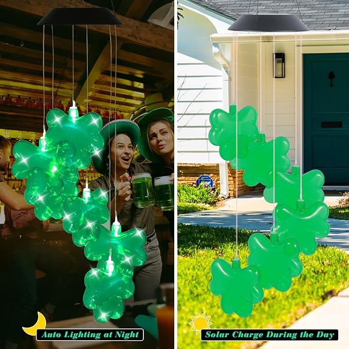 St. Patrick's Day Solar Shamrock Wind Chimes, Green Shamrock Solar Lights Outdoor Mobile Wind Chime for Party Window Garden Yard Decorations, Birthday Irish Gifts for Mom Women Grandma