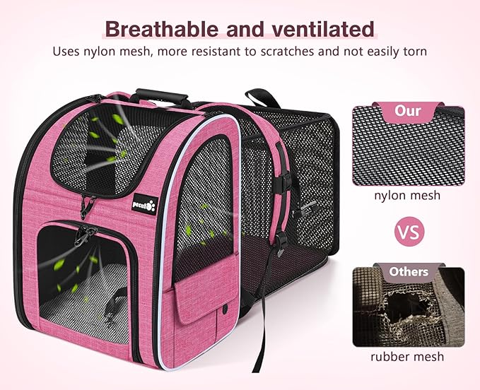 Pecute Cat Backpack Carrier Expandable, Pet Backpack for Cats & Small Dogs Up to 11lbs, with 4-Side Breathable Mesh, Multi-Entry & Lockable Zippers for Travel, Hiking, Camping - Hands Free, Pink