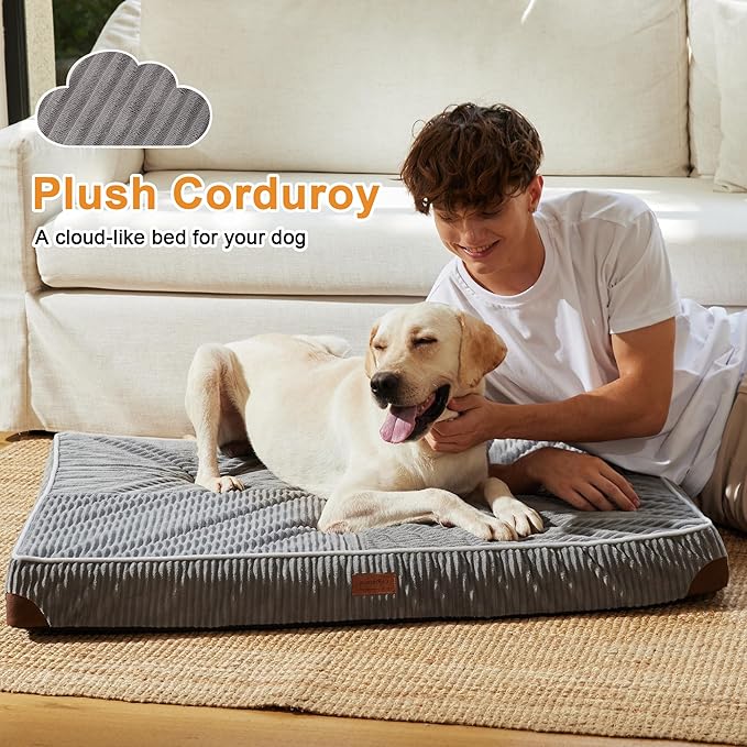 FUKUMARU Dog Bed, Thickened Corduroy Orthopedic Dog Beds with Washable Cover, XL Waterproof Dogs Bed for Crate, 28D Egg Crate Foam Support Pet Mat, Cozy Pet Bed Pad with Anti-Slip Bottom, Grey