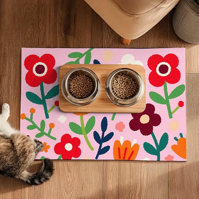 Pet Feedings Mats 20x12 inch Floral Print Pet Bowl Placemat Non Slip Mat for Cat and Dog Food and Water Indoor Pet Feeding Station Colorful Meal Mat for Small Pets Kitchen Floor Use
