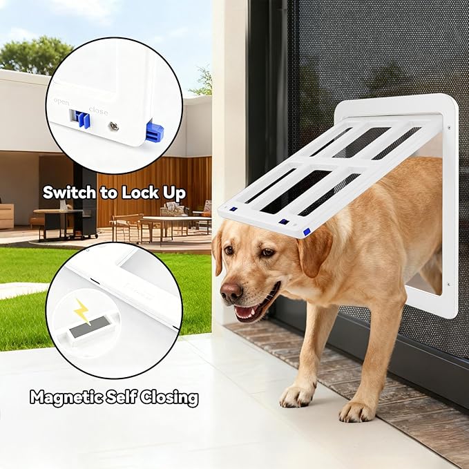 NAMSAN Dog Screen Door, Passage Size 12 x 16 inches, Dog Door for Screen Door, Large Pet Door for Sliding Door, Magnetic Automatic Closing, Self-Assembly, Lockable, White ﻿