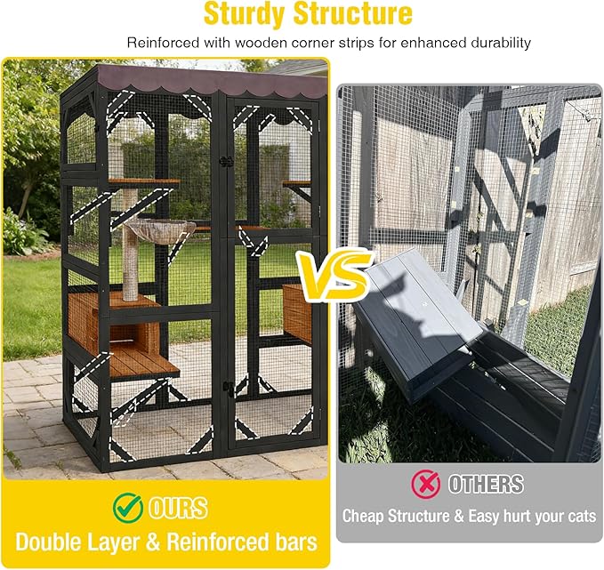 Aivituvin Catio Outdoor Cat Enclosure with Scratch Post, Hammock, Large Window Cat House for 2-6 Mulitiple Cats Walk in Kitty Cage with Tarp Roof 70" Black
