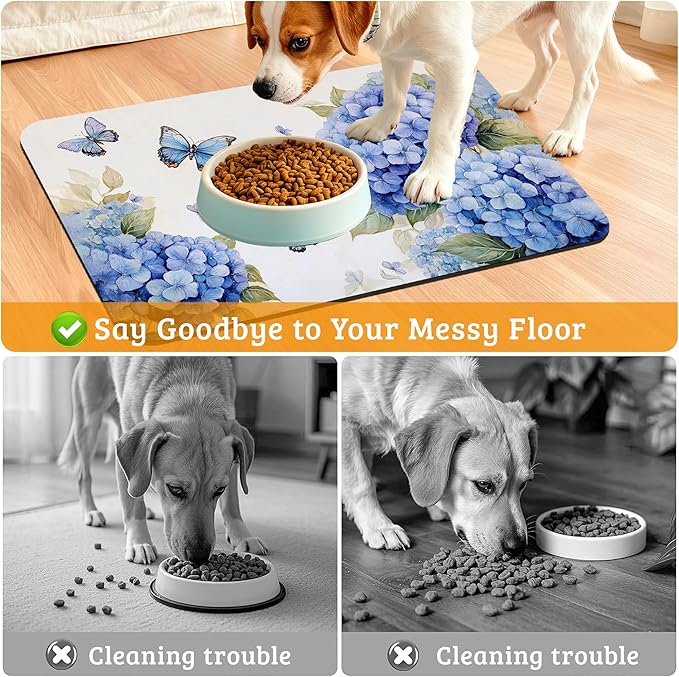 Pet Feeding Mat,Blue Hydrangea Absorbent Dog Cat Food Mat Butterfly Floral Dog Mat with Rubber Backing,Non-Slip Water Bowl Placemat,Pet Supplies 12" x 20"