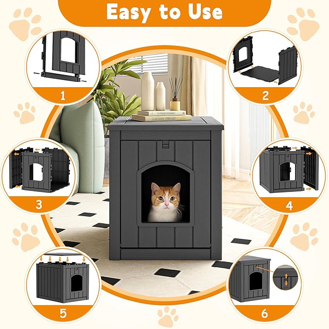Cat Litter Box Enclosure, Multi-Functional Hidden Cat Litter Box Furniture & Indoor Outdoor Cat House with Side Table Design, Openable Front Door & Raised Floor, Easy to Clean & Assemble, Black
