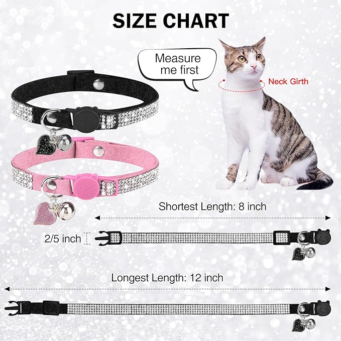 Rhinestone Cat Collar Breakaway with Bell, Diamond Cat Collar with Safety Buckle Quick Release for Girl Boy Small Kitten Pets Puppy,Cute Soft Female Male Cat Collars,Color Pink & Black 8-12"