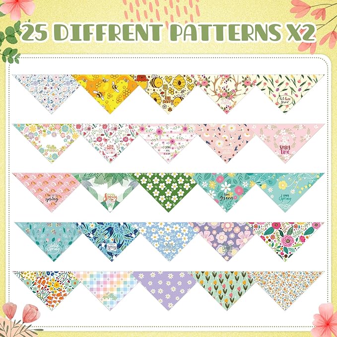 Kacctyen 50 Pcs Spring Dog Bandanas Bulk Large Bandanas for Dogs Grooming with Spring Flowers Bees Adjustable Pet Triangle Scarf Bib Washable for Small Medium Large Puppy Cats Pets Costume Accessories