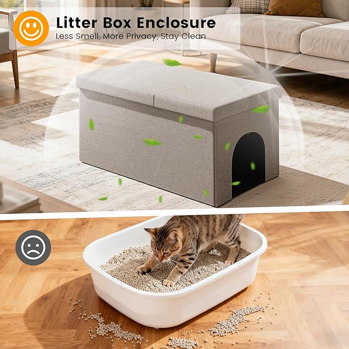 3-in-1 Cat Litter Box Enclosure with Odor Control, Multi-Functional Hidden Litter Box Furniture Bench, Dog Proof, Space-Saving Ottoman Cabinet with Flip-Up Lid, Storage Footrest, Light Grey