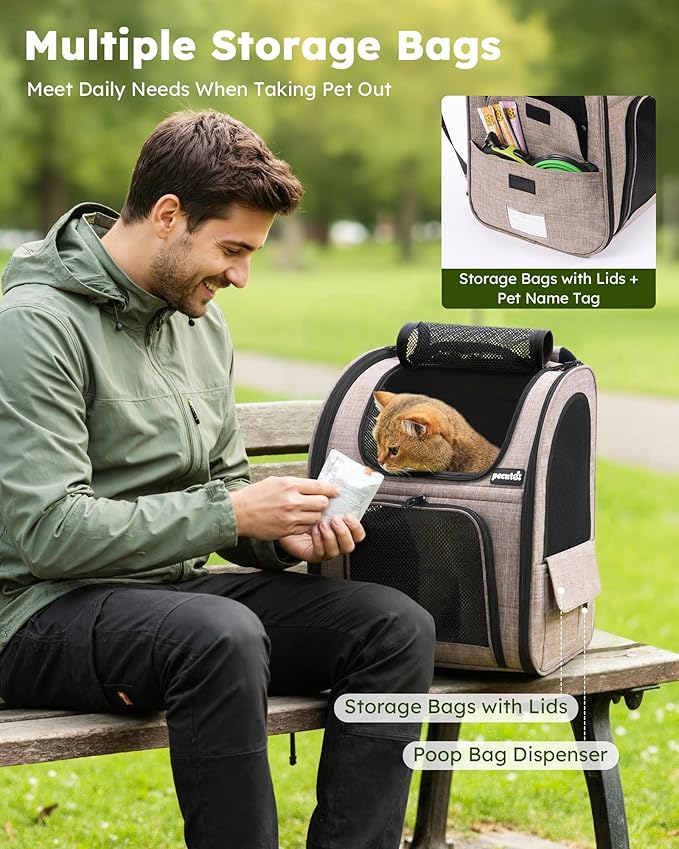 Pecute Cat Backpack Carrier Expandable, Pet Backpack for Cats & Small Dogs Up to 11lbs, with 4-Side Breathable Mesh, Multi-Entry & Lockable Zippers for Travel, Hiking, Camping - Hands Free, Khaki