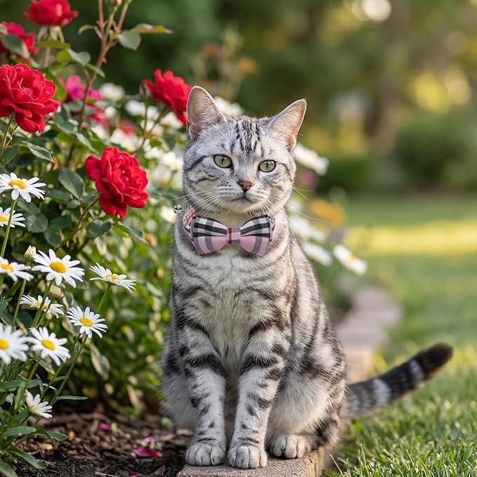 THAIN Cat Collar Breakaway with Bell and Bow Tie Safety Buckle Pink Plaid Pattern Adjustable 7-11 inches for Kitten Cats(Pink Plaid)
