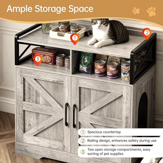 Cat Litter Box Enclosure Furniture - Hidden Litter Box Cabinet with Scratch Pad & Odor Control | Farmhouse Style End Table for Cats | Discreet Cat Washroom for Living Room & Bedroom Grey