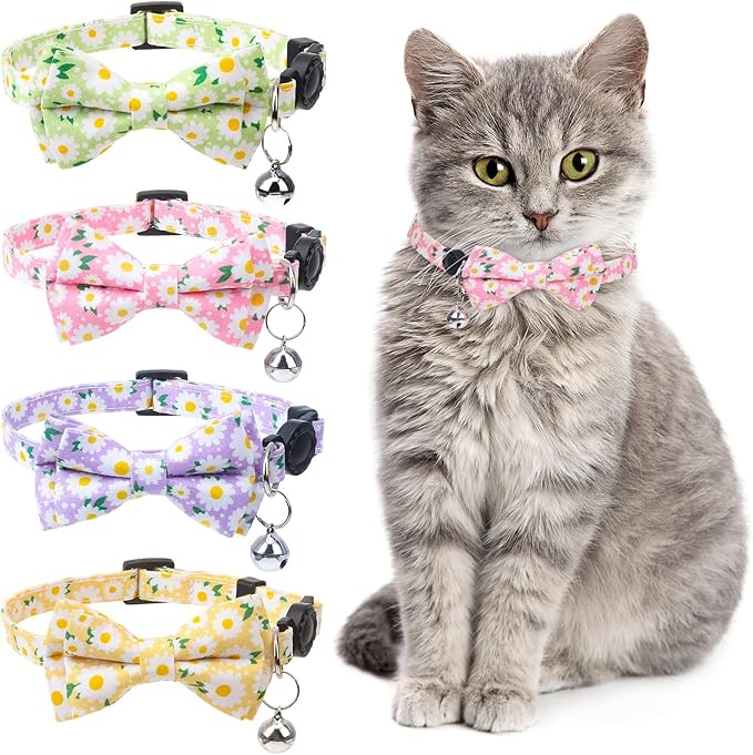 4 Pcs Breakaway Cat Collar with Bow Tie and Bell Floral Cat Kitten Collar with Removable Bowtie Adjustable Safety Collars for Girl Cats