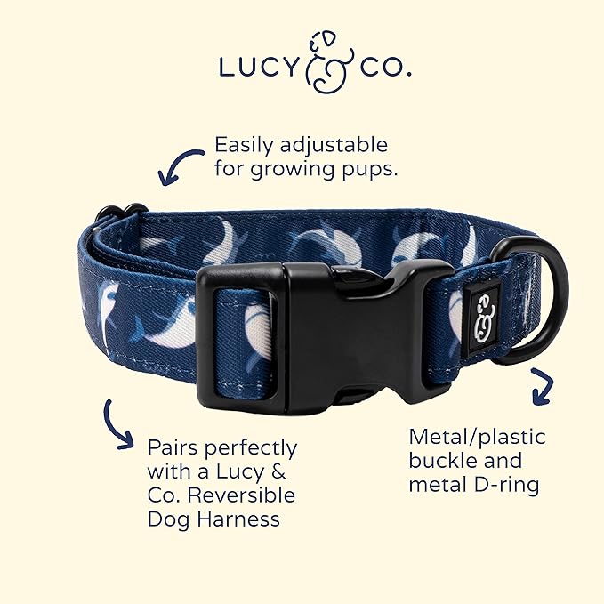 Lucy & Co. Shark Attack Dog Collar - Durable Lightweight Designer Collar for Pets - Adjustable Metal Safety Buckle - Navy White Shark - Large