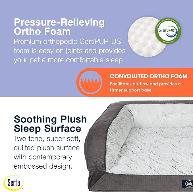 Serta Orthopedic Quilted Couch Dog Bed for Pets – Slate Gray (Large)