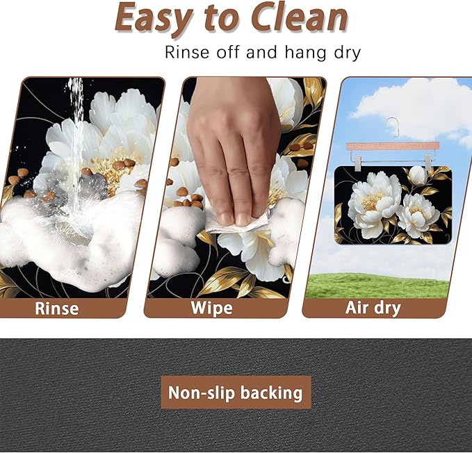 White Flowers Pet Feeding Mat,Glitter BloomingAbsorbent Quick-Dry Cat Dog Food and Water Bowl Mats,Non-Slip Rubber Backing Mat,Cat Dog Accessories Supplies 12"x20"