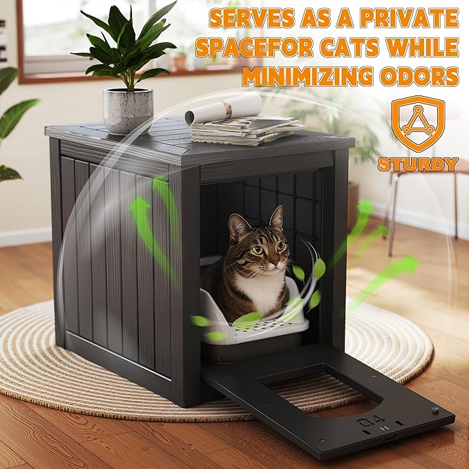 Cat Litter Box Enclosure, Multi-Functional Hidden Cat Litter Box Furniture & Indoor Outdoor Cat House with Side Table Design, Openable Front Door & Raised Floor, Easy to Clean & Assemble, Black