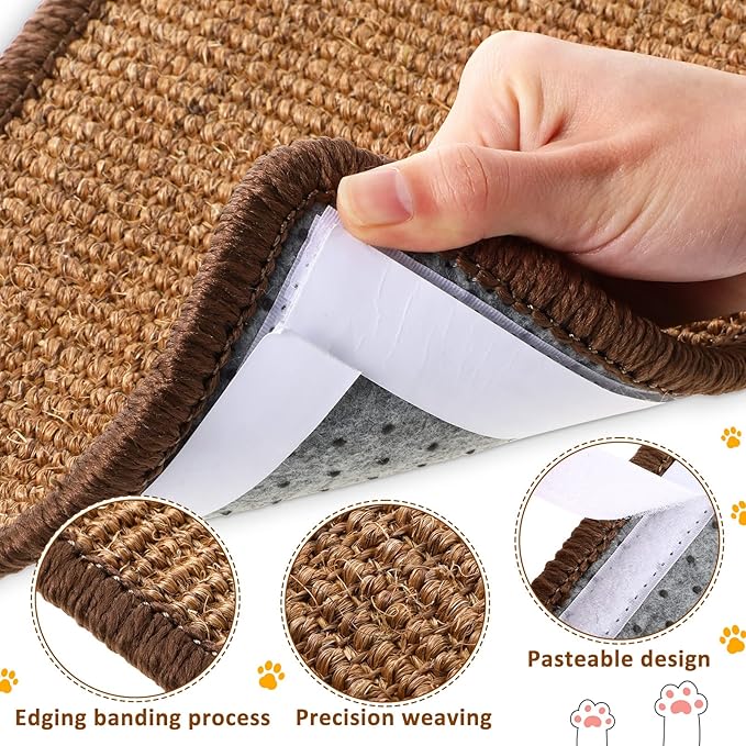 Tuanse 4 PCS Cat Scratcher Mat, 15.7 x 7.8 Inches Sisal Cat Scratching Pad, Horizontal Floor Scratching Pad Rug with Adhesive Loop Tape for Protect Couch and Carpets(Brown)
