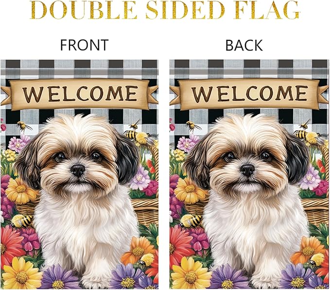 Spring Summer Garden Flag Shih Tzu Dog Flag 12x18 Inch Double-Sided Cute Puppy Yard Banner Buffalo Plaid Floral Outdoor Decor for Porch Lawn Pathway Dog Lover Housewarming