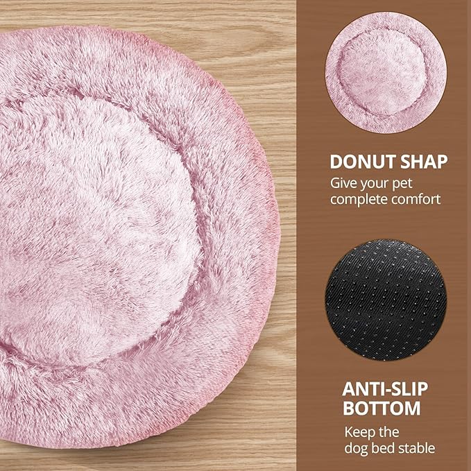JOLLYVOGUE Calming Dog Bed Medium Size Dog, Anti-Anxiety Donut Medium Pet Bed, 31 inches Fluffy Faux Fur Round Cat Bed, Fits up to 45 lbs Pets (Smoke Pink)