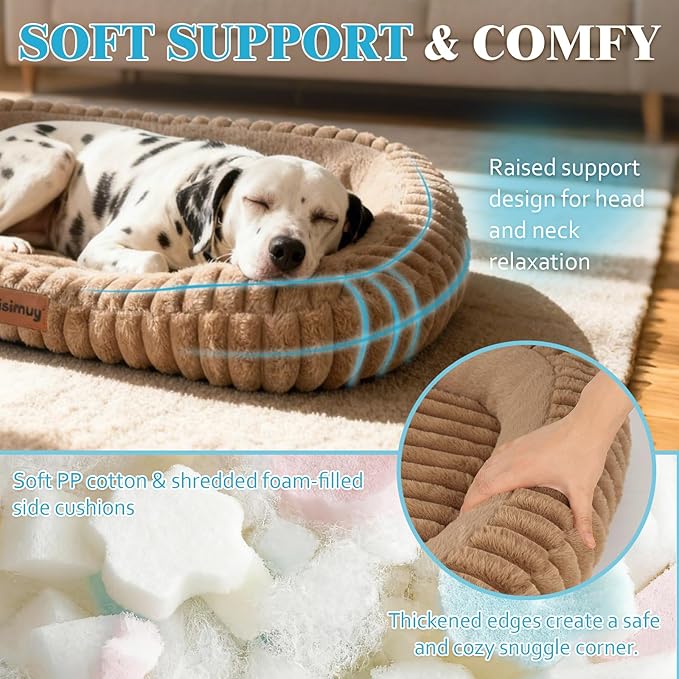 Orthopedic Dog Bed for Large Dogs, Comfort-Sided Calming Pet Bed with Breathable Memory Foam, Plush Faux Rabbit Fur & Non-Slip Bottom, Machine Washable with Carry Handle, 35"x27"x5.5", Brown