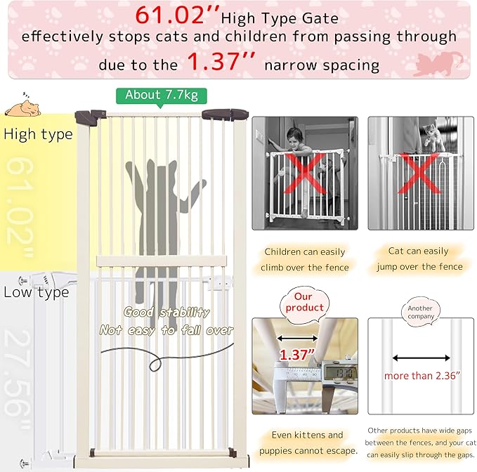 Lumizone Extra Tall Cat Gate 61.02" High Pressure Mounted Extra Wide 30.12"-34.05" (17Sizes) 1.37" Gap No Drilling Auto-Close Tall Pet Gate for Dogs (Cream, 30.12"-34.05"/76.5-86cm)
