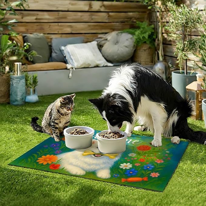 Welcome Spring Pet Feeding Mat 24" x 16"White Dog Floral Design Non Slip Cat and Dog Bowl Mat Easy Clean Pet Mats for Food and Water Fast Dry Pet Food Mat Absorbable Pet Feeding Pad