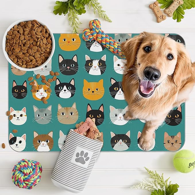 Cute Cat Dog Food Mat,Absorbent Pet Feeding Mat with Rubber Backing,Non-Slip Water Bowl Placemat,Indoor Pet Accessories Supplies 16"x24"