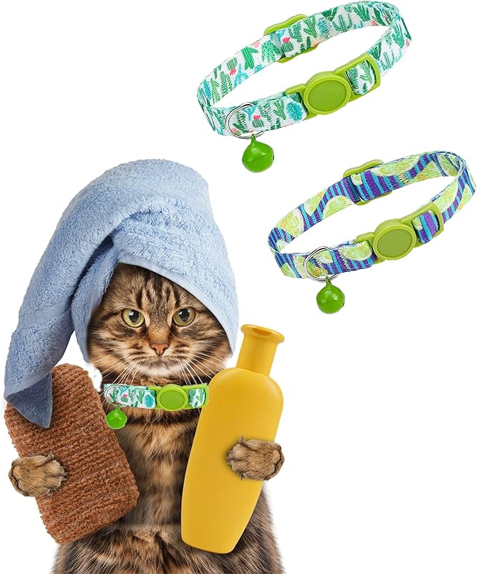 SOLMOONY Cute Cat Collar for Girl Boy,Colorful Breakaway Cat Collars with Bell 2 Pack，Adjustable Printed Nylon with Safety Buckles Kitten Collar (Cactus)