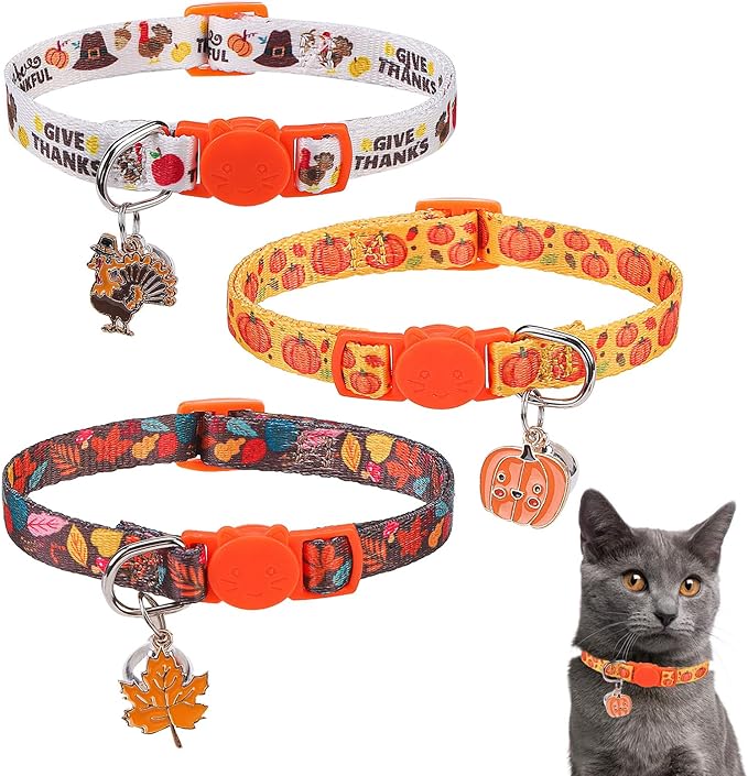 SCENEREAL Fall Thanksgiving Cat Collar Breakaway Girl Boy, Safety Buckle Soft Adjustable Cats Collars with Bells for Daily Wearing, Holiday Kitten Puppy Personalised Collars for Dogs