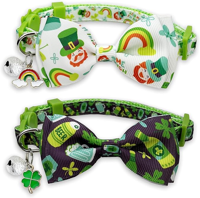 2 Pack St. Patrick Day Cat Collar with Bow Tie,Holiday Kitty Kitten Collar with Bell for Male Female Boys and Girls (I'm Irish)