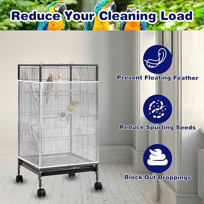 Universal Bird Cage Seed Catcher Net, White Adjustable Birdcage Mesh Cover, Stretchy Band Skirts Bird Cage Net for Parrot Cages Stops Scatter, Breathable & Reusable