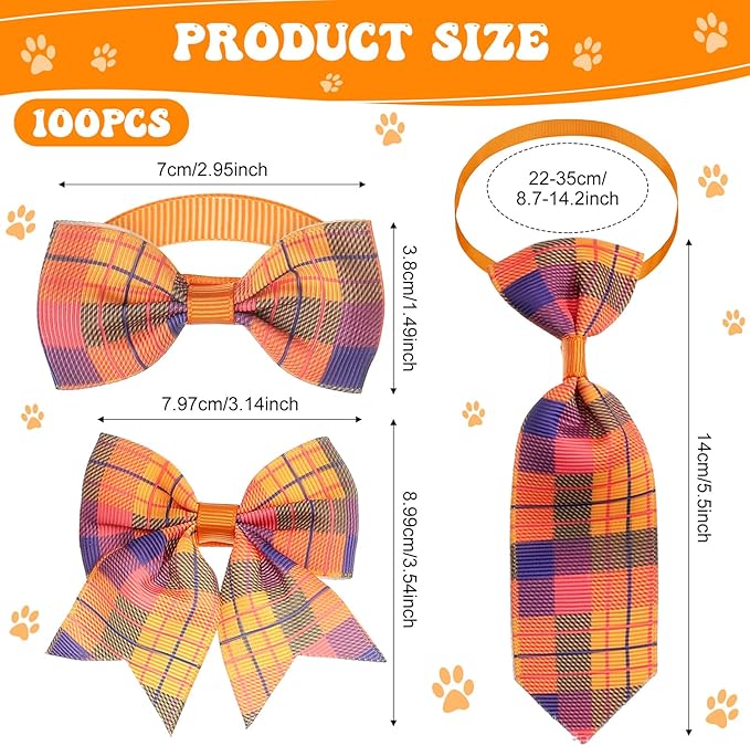 Reginary 100 Pieces Dog Bow Tie Collar Set Include 40 Dog Neckties, and 30 Puppy Bowties, 30 Collar Flowers, Adjustable Pet Ties Grooming for Small Medium Cats Pets Supply(Plaid)