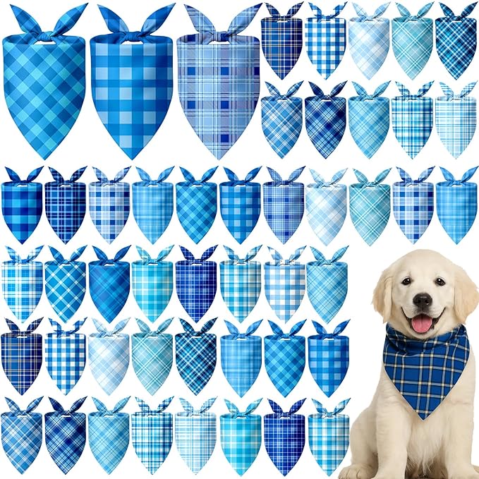 Abbylike 50 Pcs Plaid Dog Bandanas Bulk Blue Checkered Bandanas for Dogs Triangle Kerchief Bibs Scarf Set for Pet Holiday Costume Photo Props Accessories Pet Shops (25.6 x 17.7 x 17.7 Inch)