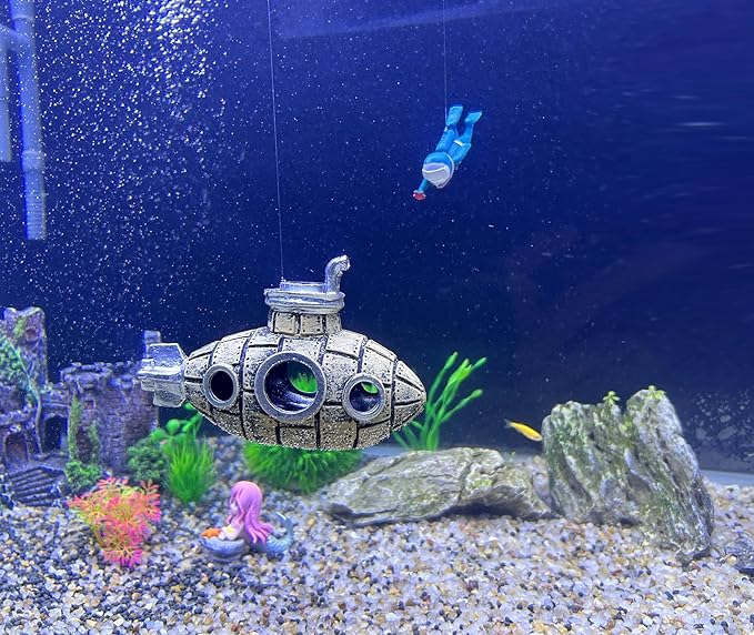 Floating Fish Tank Decoration, LittleCute Retro Submarine AquariumDecoration with Two Float Balls,Resinous Fish Tank Accessorie