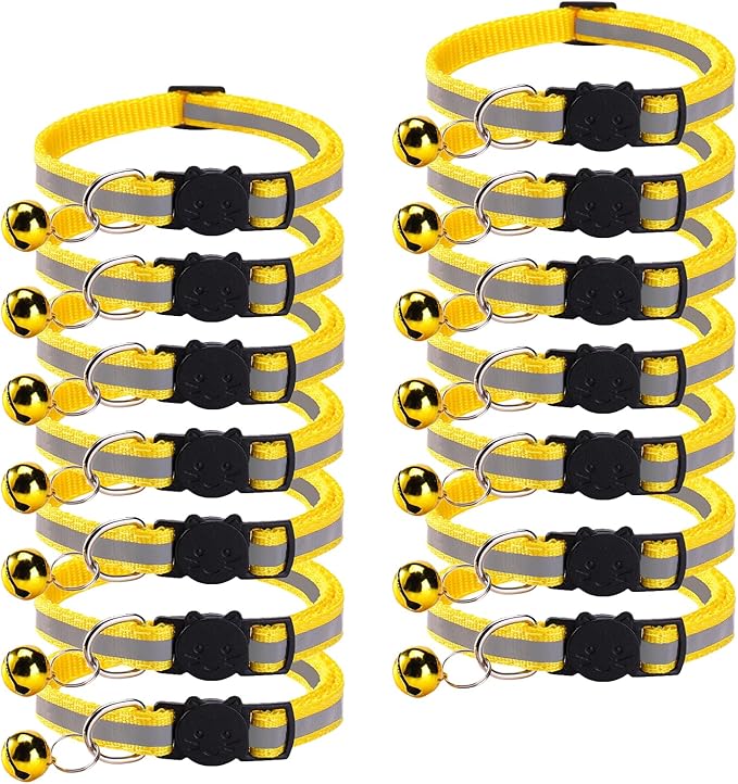 14 Pack Breakaway Cat Collar with Bell, Reflective Kitten Collar for Girl Boy Cats, Safety Buckle Adjustable 7.5-12.5 Inch, 0.4 Inch Width Lightweight, Pet Gifts (Yellow)