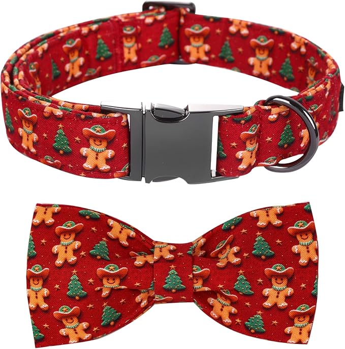 Christmas Dog Collar, Soft Pet Collar Gingerbread Man Cute Dog Collar with Bow Red Christmas Tree Adjustable Sturdy Collars Winter Holiday Collars for X-Large Girl Boy Dogs