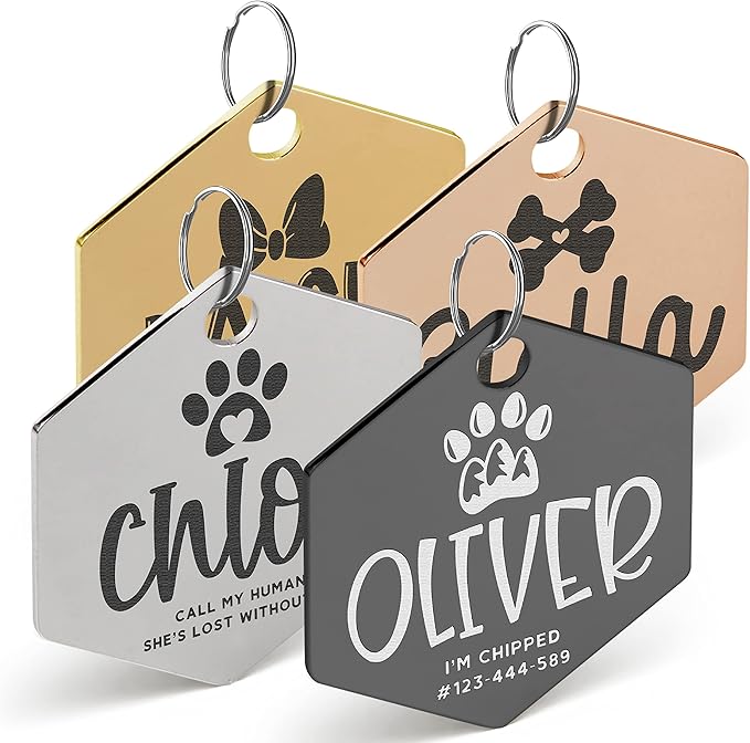 Engraved Pet ID Tags for Cats, Dogs - 4 Color & 5 Shape Options, Personalized w/ 20 Icons, Name, Address, Phone Number - Accessories for Four Legged Friends, Stainless Steel #Hexagon - Silver