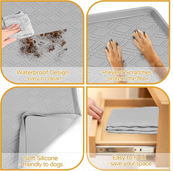 Lanstics Dog Food Mat, 42" x29" Large Silicone Mat Dog Feeding Mat with Raised Edge Non-Slip Pet Feeding Mat for Food and Water Bowl, Easy to Clean, Floor Protection (Light Gray)