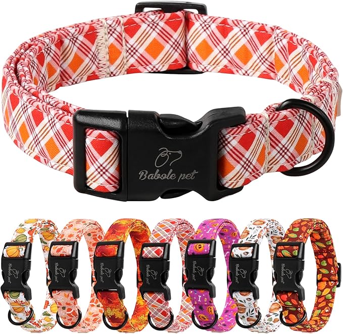 Fall Dog Collar, Fall Orange and Red Plaid Puppy Collar, Adjustable Cotton Holiday Tanksgiving Dog Collars for Small Medium Large Boy&Girl Dogs XL