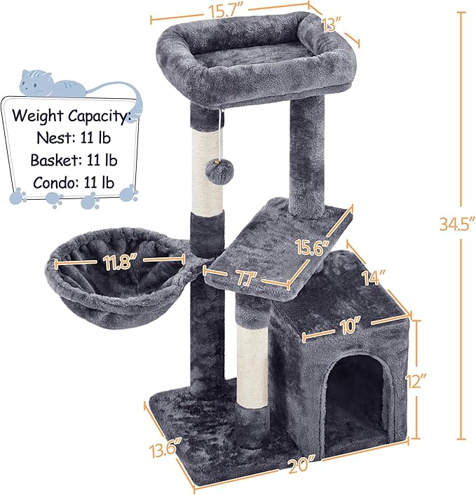 Topeakmart Cat Tree Cat Tower for Indoor Cats, 34.5in Cute Cat Tree Activity Center with Condo & Scratching Post, Multi-Level Cat Climbing Tower Play House w/Large Perch, Platform, Basket for Kitten